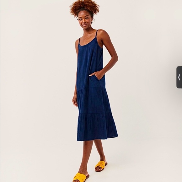 Pact 100% Organic Cotton Gauze Coastal Tiered Blue Cami Midi Dress Medium - Picture 1 of 7
